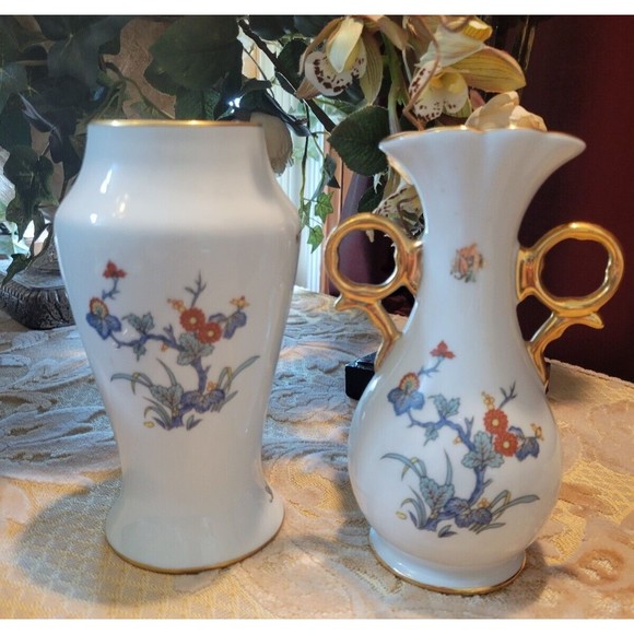 Limoges France Porcelaine Malbec Hand Painted Floral Gold Vase Vintage Set - Picture 4 of 8